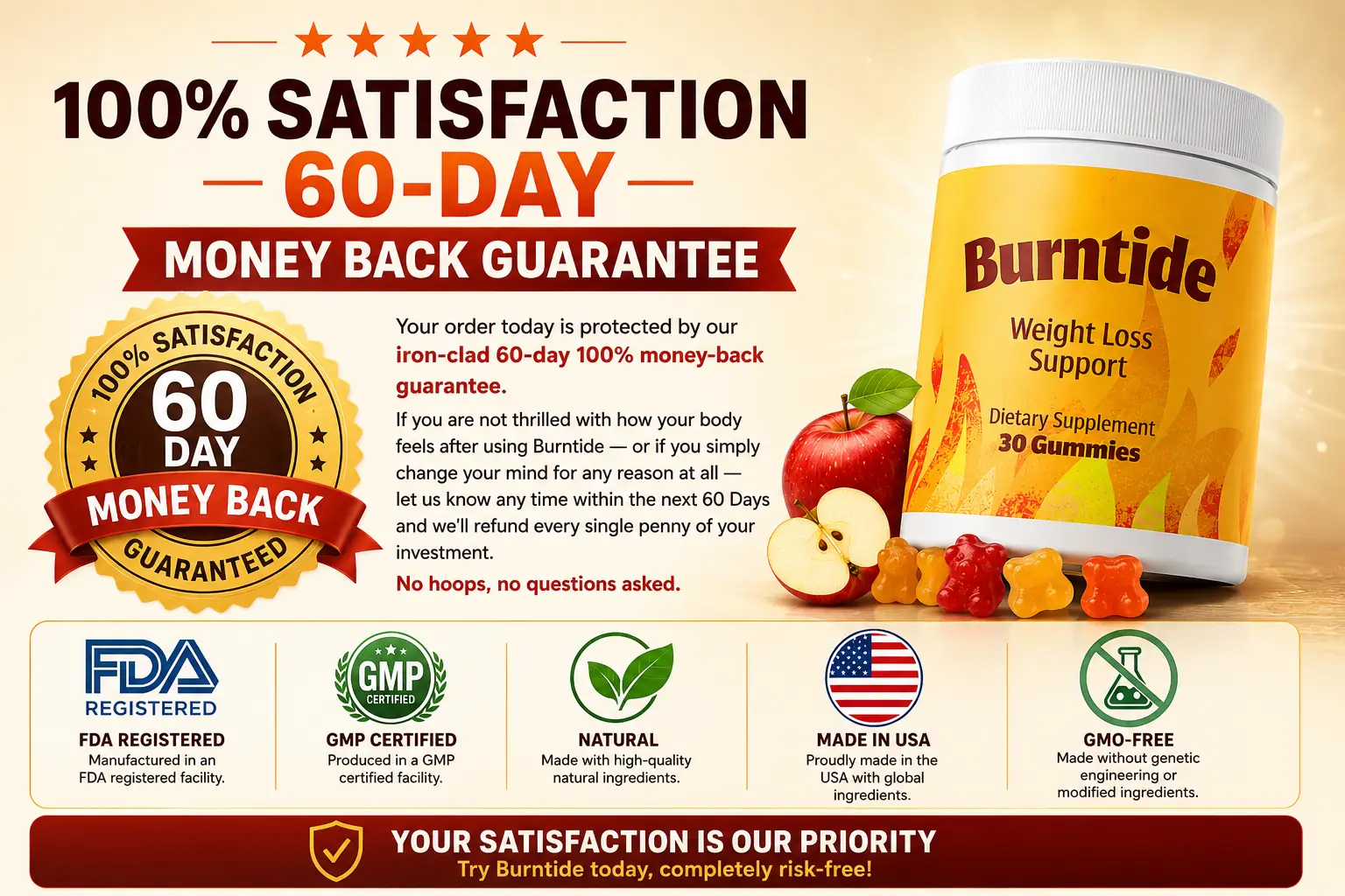 BurnTide 60-day money-back guarantee badge